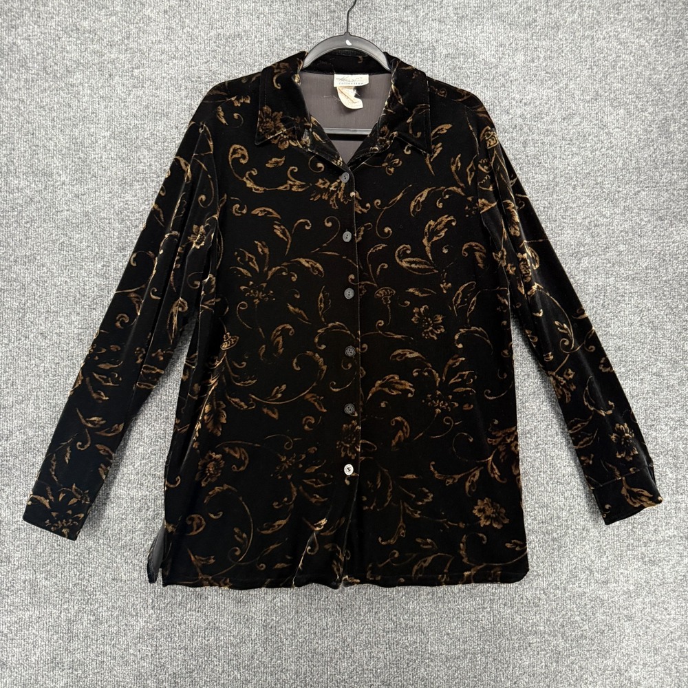 Kathie Lee Shirt Size M Black Floral Velvet Button Up Tunic Fairy Grunge Holiday